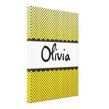 Yellow Black White Dots Scallops Personalized Name Gallery Wrapped Canvas