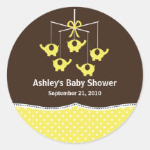 Yellow & Brown Elephant Mobile Baby Shower Round Stickers