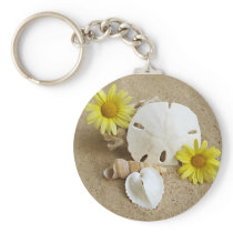 Yellow Daises and Shells in the Sand Keychain