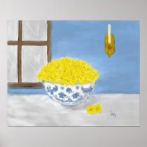 Yellow Daisies in a Blue and White Bowl Poster