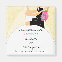 Yellow Damask Bride & Groom Save The Date Magnet