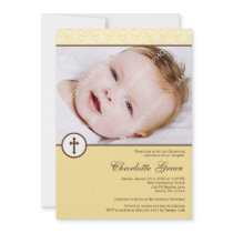 Yellow Damask Cross Photo Baptism Christening Personalized Invitation