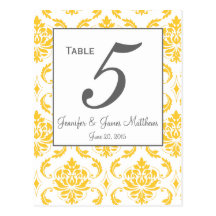 Yellow Damask Grey Wedding Table Number Cards Postcard