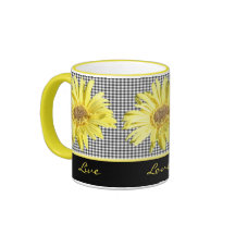 Yellow Gerbera and Black Live, Love, Laugh Mug