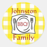 Yellow Gingham-Family BBQ Round Stickers