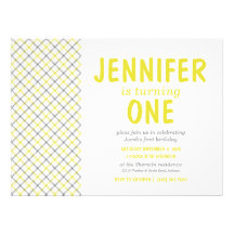 Yellow & Grey Tartan Plaid Baby Boy Birthday Party Invitation