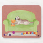 Yellow Labrador on the green couch mousepads