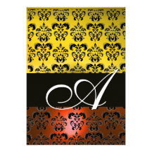 YELLOW ORANGE BLACK DAMASK MONOGRAM ,bright white Announcement