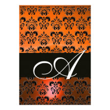 YELLOW ORANGE BLACK DAMASK MONOGRAM ,bright white Announcement