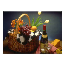 Yellow Picnic basket with wine, cheese, bread and Personalized Invitation