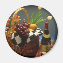 Yellow Picnic basket with wine, cheese, bread and Refrigerator Magnets