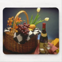 Yellow Picnic basket with wine, cheese, bread and Mouse Pad