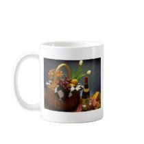 Yellow Picnic basket with wine, cheese, bread and Coffee Mug
