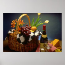 Yellow Picnic basket with wine, cheese, bread and Poster