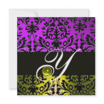 YELLOW PURPLE BLACK DAMASK MONOGRAM TOPAZ invitations