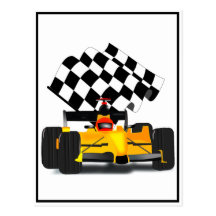 Yellow Race Car with Chequered Flag Post Cards