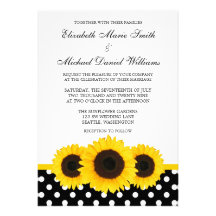 Yellow Sunflower White and Black Polka Dot Wedding Invitation