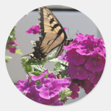 Yellow Swallowtail Butterfly & Purple Flowers Round Sticker