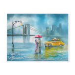 Yellow taxi couple rainy day romantic couple postcards