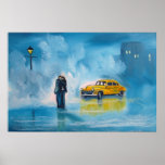 Yellow taxi rainy day romantic couple painting posters