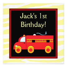 Yellow Tiger Red Fire Truck Boy 1st Birthday Party Personalized Invites