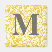 Yellow White Damask Monogram Refrigerator Magnet