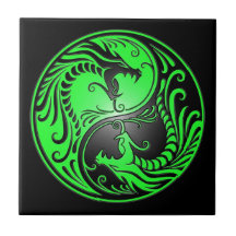 Yin Yang Dragons, green and black Ceramic Tiles