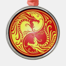 Yin Yang Dragons, red and yellow Christmas Tree Ornament