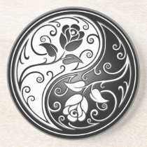 Yin Yang Roses, black Beverage Coaster