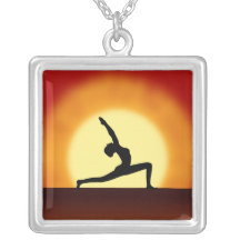 Yoga Pose Woman Silhouette Sunrise Square Necklace