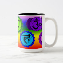 YOGA REIKI SEVEN CHAKRA SYMBOL MUG. (RAINBOW BG)