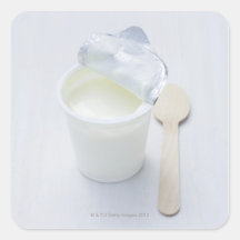 Yoghurt in opened disposable cup square stickers