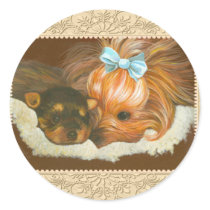 Yorkie Mama & Puppy Portrait Stickers Tags