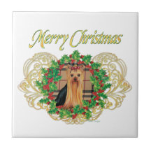 Yorkie Merry Christmas with Holly Tile