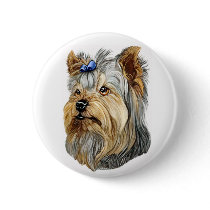 Yorkshire Terrier Bust Blue Bow Pinback Buttons