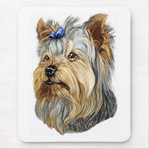Yorkshire Terrier Bust Blue Bow Mousepads