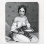 Young girl with kitten and bowl of milk mousepads