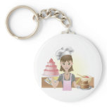 Young woman baking a cakes and cookies keychains
