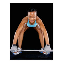 Young woman lifting barbell, portrait post card