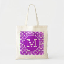 Your Letter. Purple and White Damask Pattern. Tote Bag