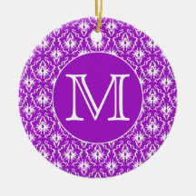 Your Letter. Purple and White Damask Pattern. Christmas Tree Ornaments