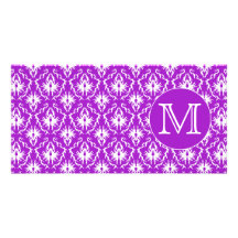 Your Letter. Purple and White Damask Pattern. Personalized Photo Card