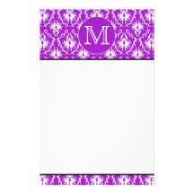 Your Letter. Purple and White Damask Pattern. Personalized Stationery