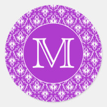 Your Letter. Purple and White Damask Pattern. Round Stickers