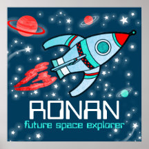 your name rocket space boys blue red poster