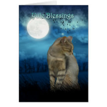 yule blessings with cat in the moonlight greeting card