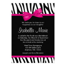 Zebra Hot Pink Printed Bow Bat Mitzvah Invitations