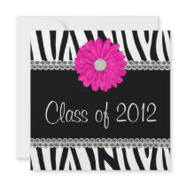 Zebra Pink Daisy Faux Gems Graduation Announcement