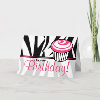 Zebra Print Birthday Card with Pink Cupcake by thepinks
