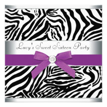 Zebra Purple Bow Purple Zebra Sweet 16 Birthday Custom Invitations
